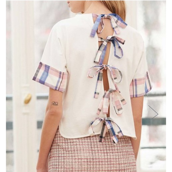 Claudie Pierlot Short Sleeve Plaid Trimmed Top - Picture 2 of 8